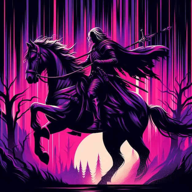 vector a painting of a man riding a horse through a forest background