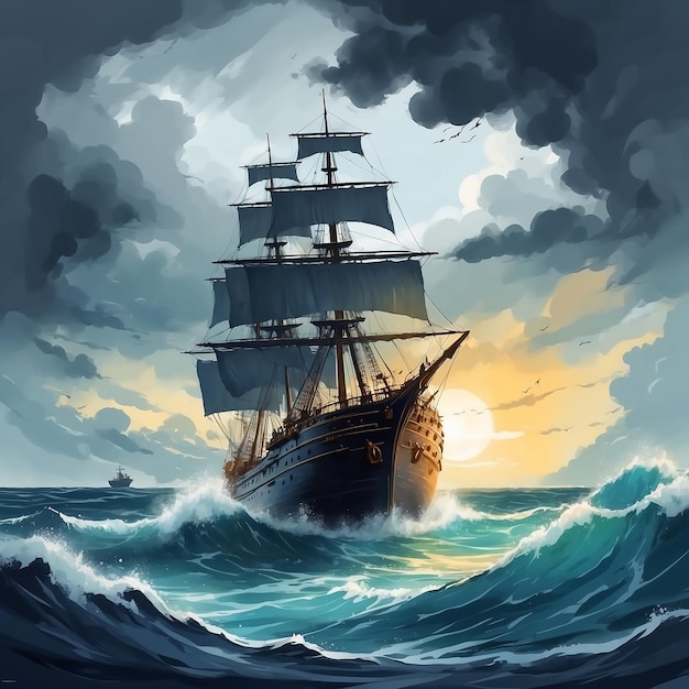 Vector vector a painting of a ship in a stormy sea a detailed matte painting