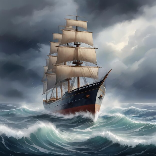 Векторная картина корабля в бурном море подробная матовая картина