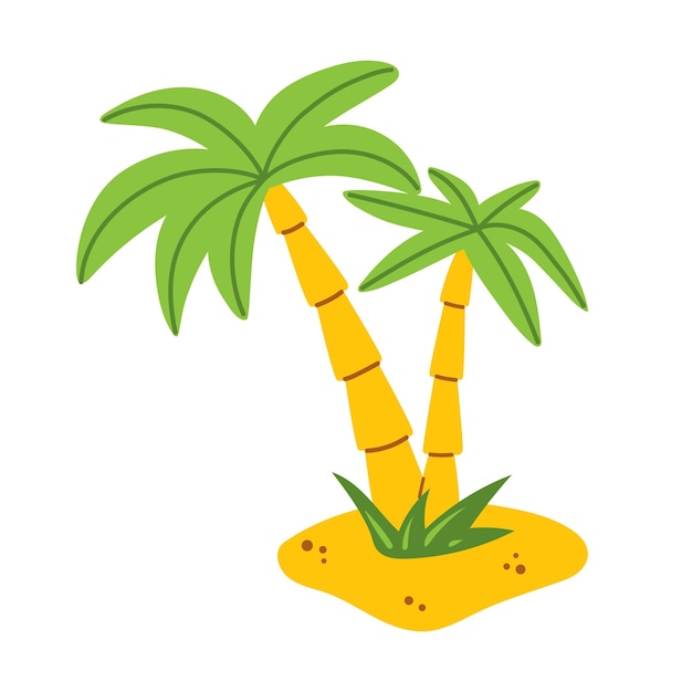 Vector palm tree in flat design Two palm trees on the beach Tropical coconut tree with green leaves Exotic summer landscape with palm trees