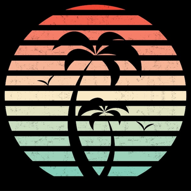 Vector palm tree silhouette on vintage retro striped sunset background. Grunge texture
