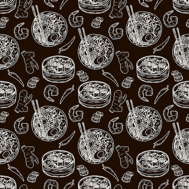 Vector panasian food seamless pattern hand drawn sketch with asian food such as noodles shrimps gingers dumplings roast ducks spicy soup fried crabs