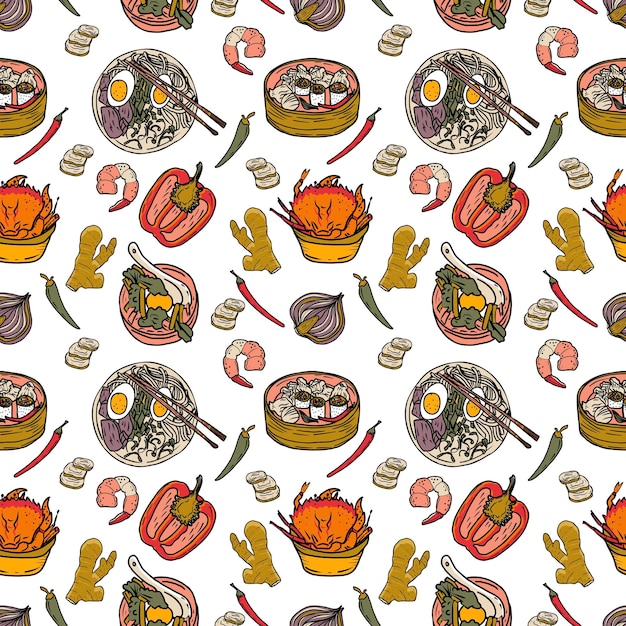 Векторная паназиатская еда бесшовный узор Ручной рисунок с азиатской едой