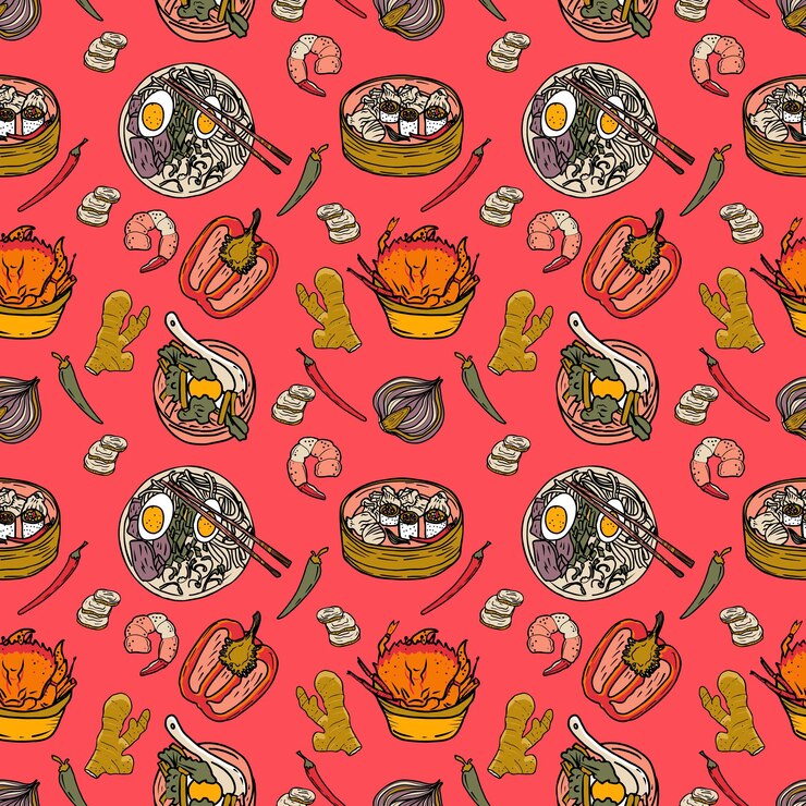 Vector vector panasian food seamless pattern hand drawn sketch with asian food