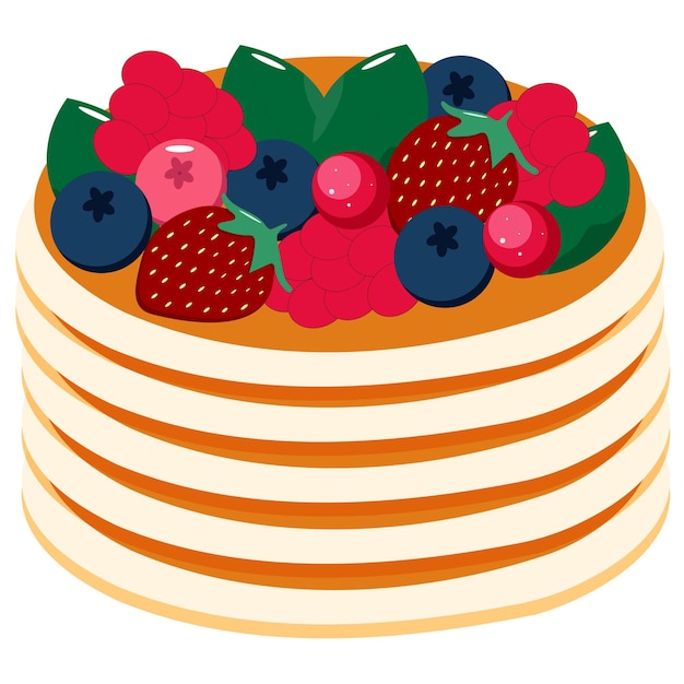 シロップ、ブルーベリー、イチゴ、ラズベリーのベクター画像パンケーキ。朝食のコンセプト。