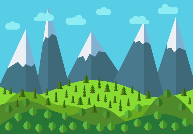 Vector vector panoramic mountain cartoon landscape. natural landscape in the flat style with blue sky, clouds, trees, hills and mountains with snow on the peaks.