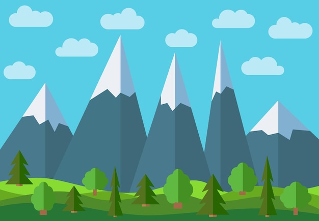 Vector panoramic mountain cartoon landscape. natural landscape in the flat style with blue sky, clouds, trees, hills and mountains with snow on the peaks