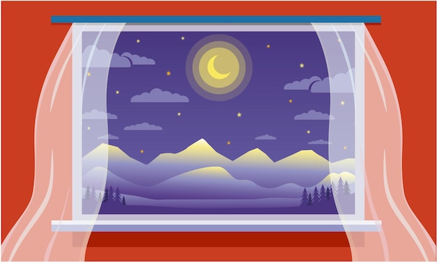 Vettore vista panoramica vettoriale dalla finestra della stanza con vista sul paesaggio notturno con le montagne