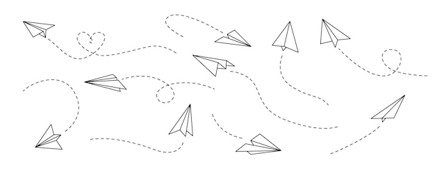 Вектор Векторный бумажный самолет контур летающих самолетов с пунктированным направлением следования символ путешествия или сообщения