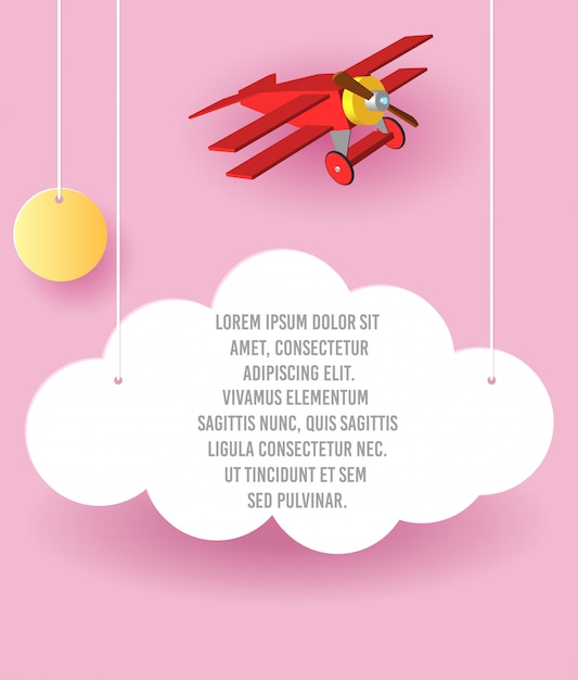 Vector paper art of cloud and plane flying in the sky. template advertising