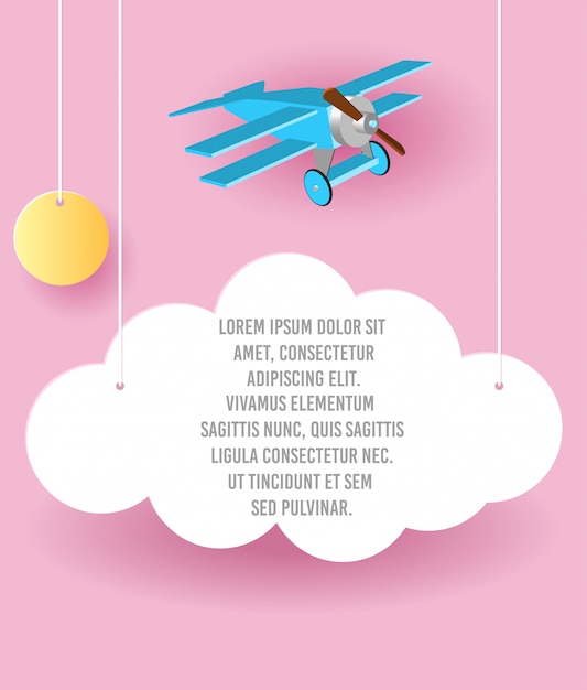 Vector Paper art of cloud and plane flying in the sky. Template advertising