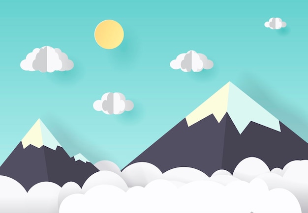 Vector paper art and craft style Illustration of nature landscape cloud and mountain