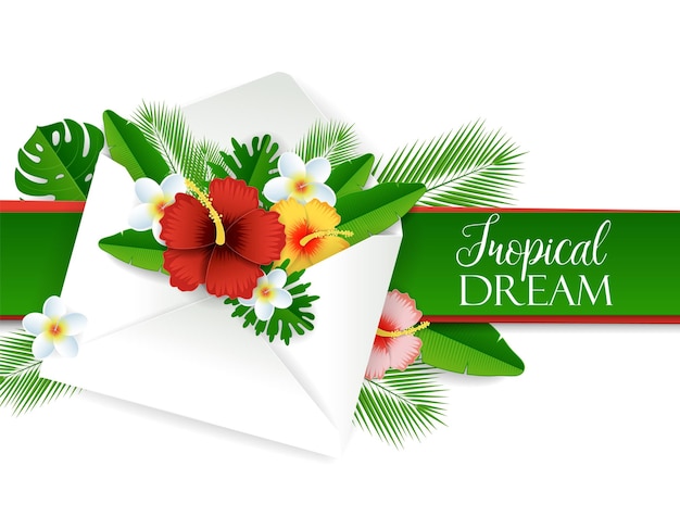 Vector paper cut envelope with tropical flowers