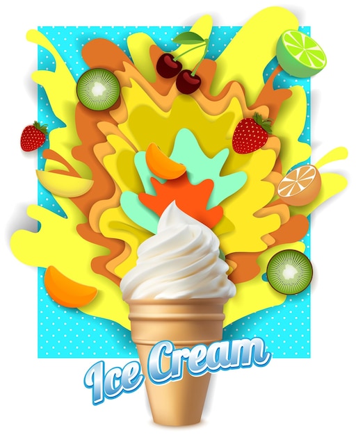 Vettore modello di poster di gelato alla frutta con taglio di carta vettoriale