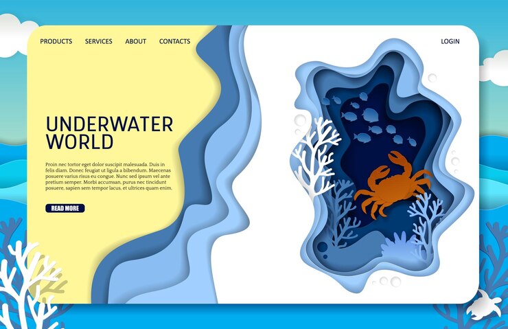 Vector vector paper cut underwater world landing page website template