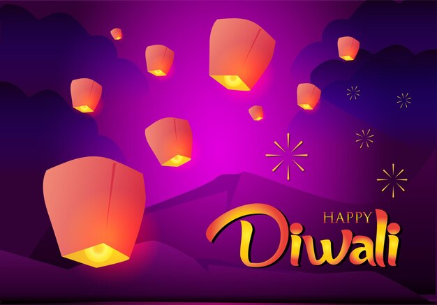 Vector vector paper lanterns flying fireworks shining purple sky beautiful mountains night celebrate diwali