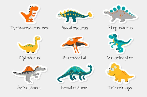 Vector papieren stickers Leuke grappige dinosaurussen en titels Trex Stegosaurus Velociraptor Pterodactyl Brachiosaurus Ankylosaurus Diplodocus Spinosaurus Brontosaurus Triceratops dinosaurusset