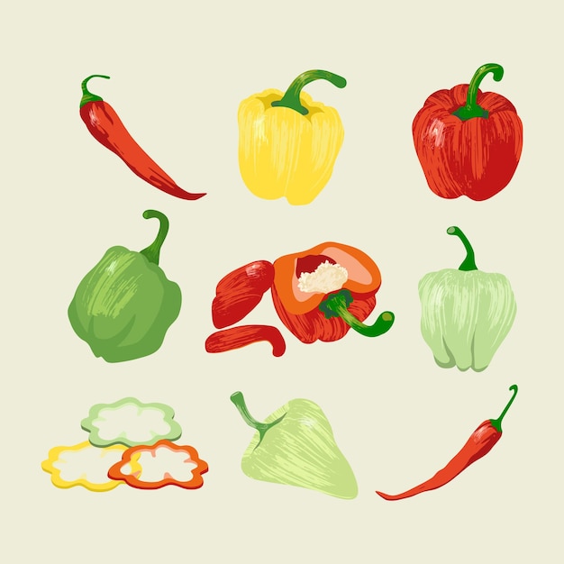 Vector paprika's set Geïsoleerde rode gele groene paprika's Illustratie met penseeltextuur