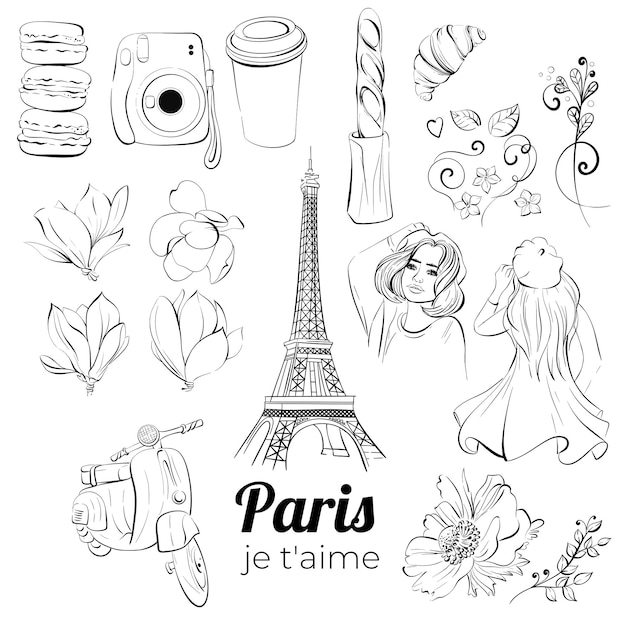 vector paris set je tame eiffel tower with travel to france girl and paper cup of coffee sweet