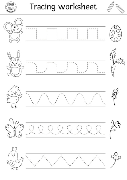 Vector Pasen handschrift praktijk werkblad Lente afdrukbare zwart-wit activiteit voor kleuters Educatief traceerspel voor schrijfvaardigheid met schattige dieren en traditionele traktatiesxA