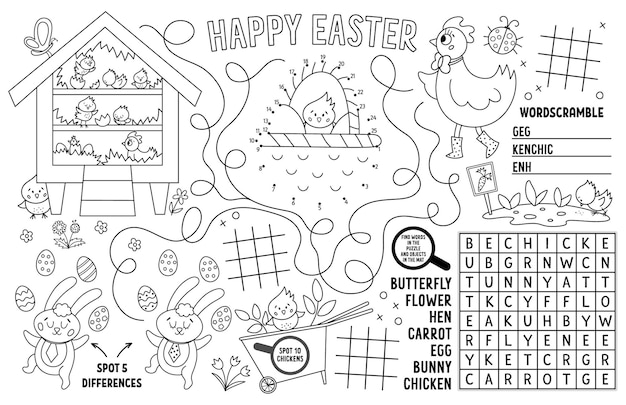 Vector Pasen placemat voor kinderen Voorjaarsvakantie afdrukbare activiteit mat met doolhof boter kaas en eieren grafieken verbind de stippen vind verschil Zwart-wit speelkleed of kleurpaginaxA