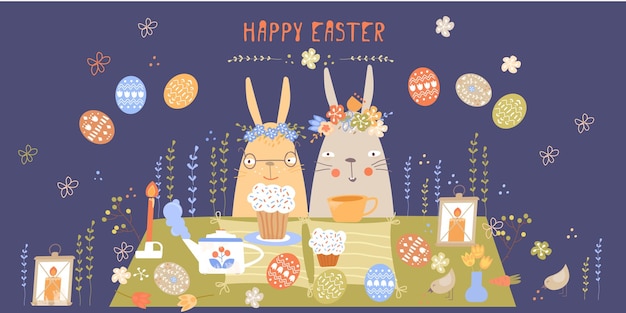 Vector vector pasen set met schattige konijntjes kippen en eieren in cartoon stijl paaseieren mand met vaas met bloemen taart krans schattig konijntje geïsoleerd op wit kids illustratie decoratie-elementen