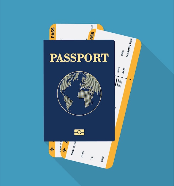 Vector paspoort met tickets Air travel concept Flat Design burgerschap ID voor reiziger geïsoleerd Blauwe internationale document paspoorten illustratie Eps 10