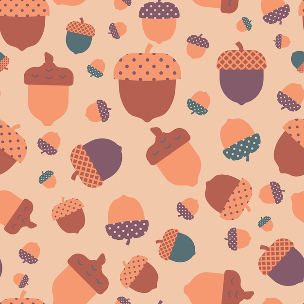 Vector Pastel Brown Acorn seeds repeat pattern background and illustration. Surface Pattern design.