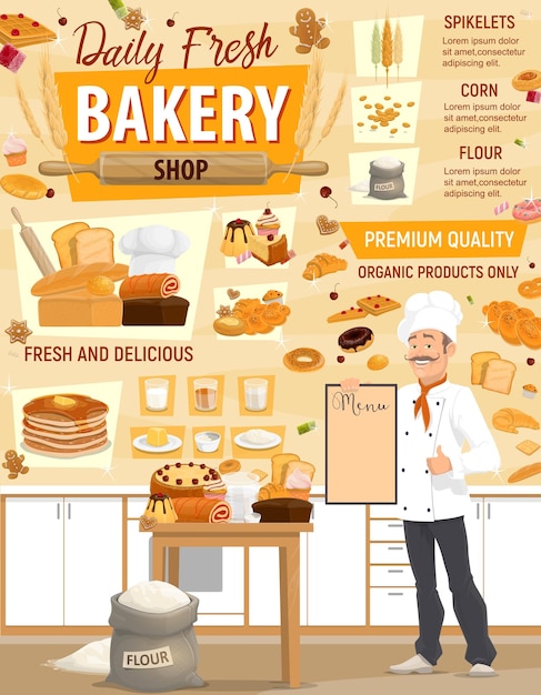 Vector pastry bakery ingredients and baker