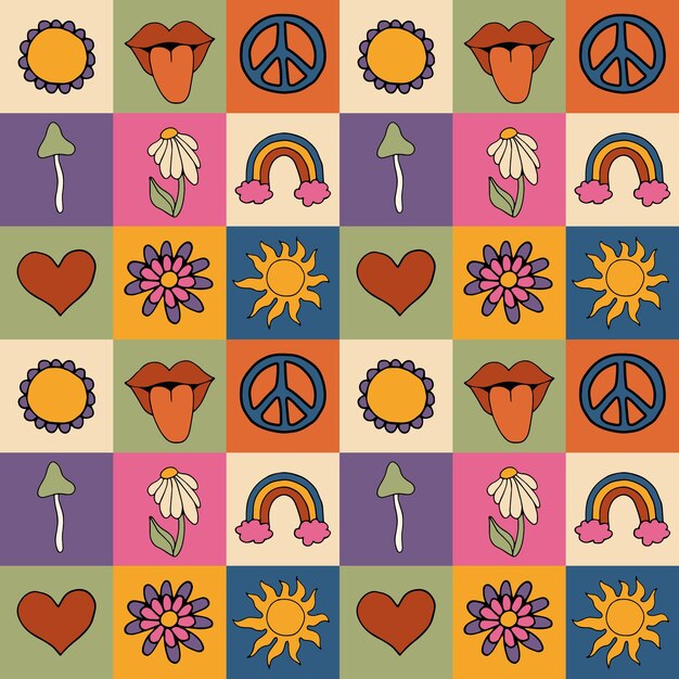 Vector vector pattern in 70s style retro elements in squares flowers rainbow lips mushrooms