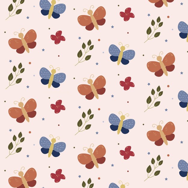 Vector pattern of butterflies leaves and flowers