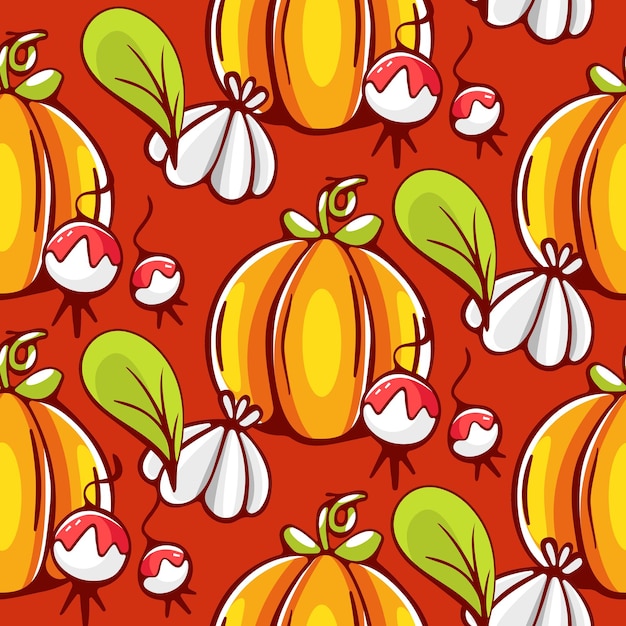 Vector pattern in cartoon style with pumpkin garlic and radish