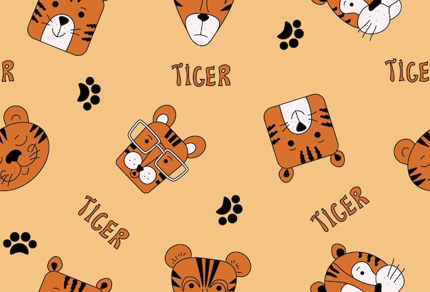 Векторный рисунок мультяшных тигров смешные животные в стиле каракулей дизайн упаковки обоев для текстиля