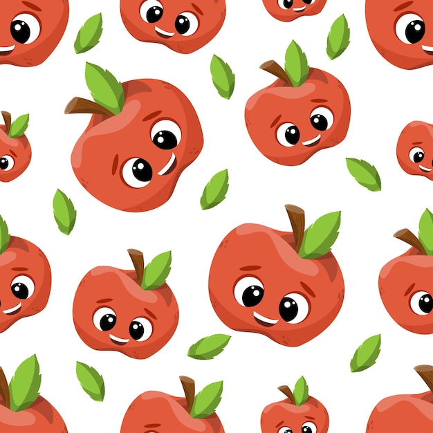 Vector pattern cute apple smiling. Funny character in cartoon style for textile