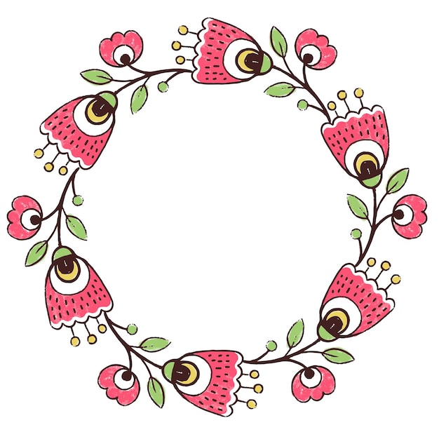 ウクライナの民謡の伝統的な刺繡のスタイルでベクトルパターンデザイン花の要素と葉で丸いフレームを描く