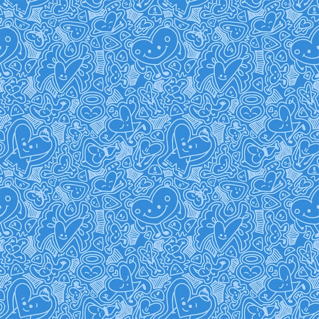 Modello vettoriale in stile doodle con simpatici cuori divertenti su sfondo blu amore