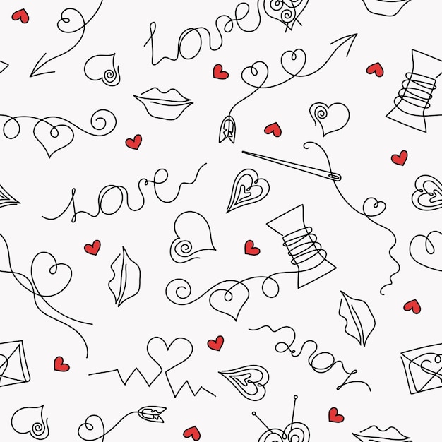 Vector pattern Drawings in the style of line art Heart icons lettering spools of thread Illustration of love emotions