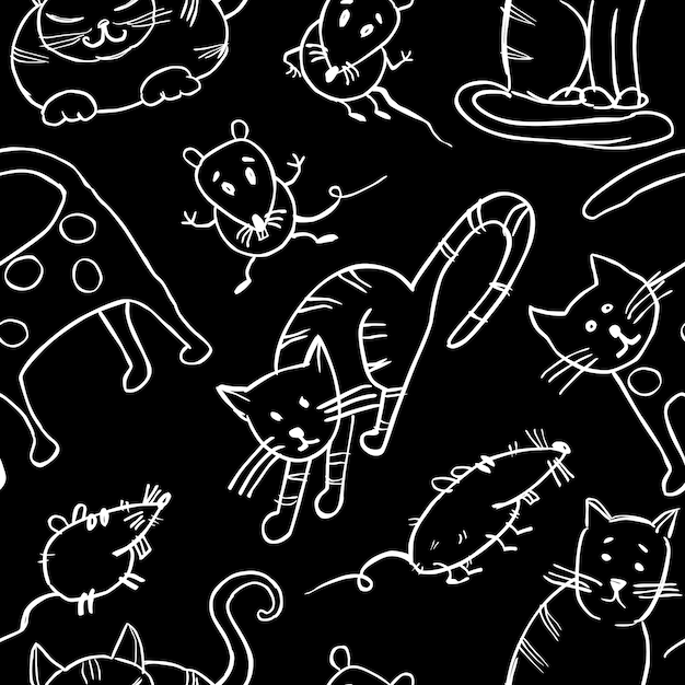 Vector pattern of drawn cartoon cats and rats