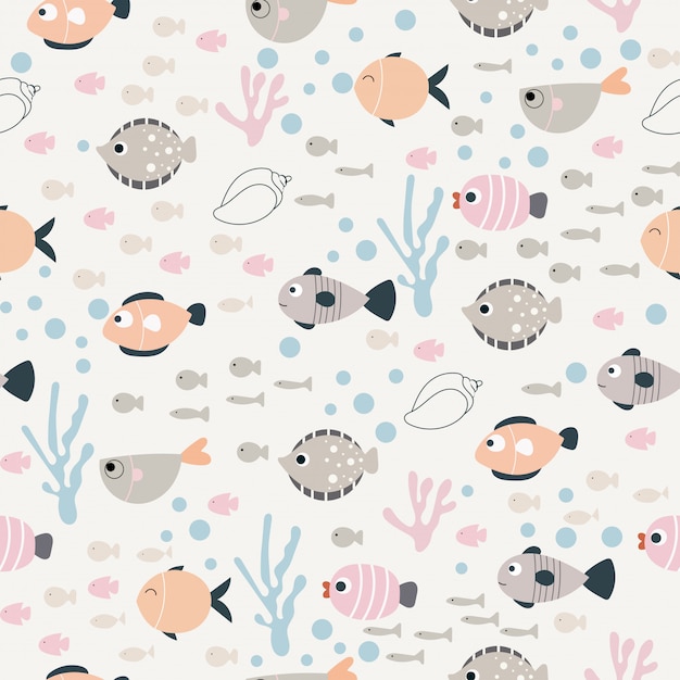 vector pattern of fish in the style of doodle. 