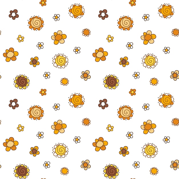 丸みを帯びた花びらを持つ花のベクトル パターン。オレンジ、ブラウン、イエローの色。シームレスな画像