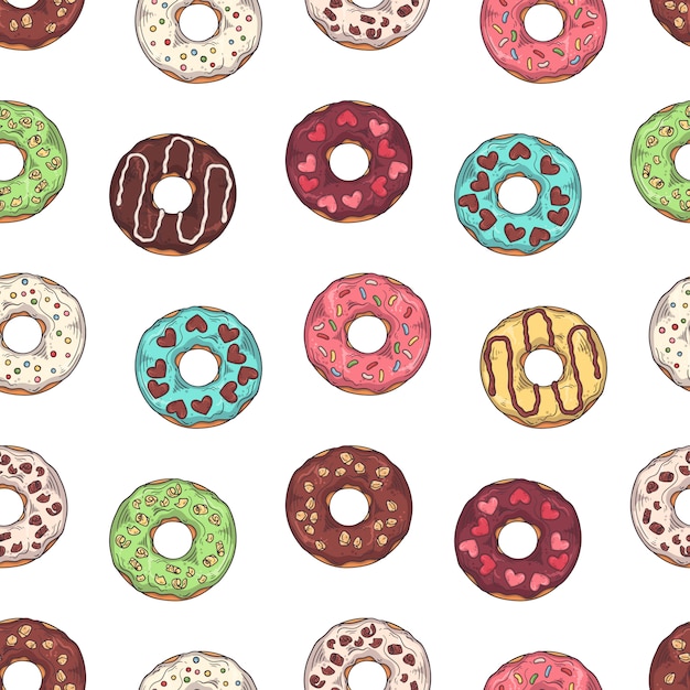 Vector pattern. Glazed donuts decorated with toppings, chocolate, nuts.