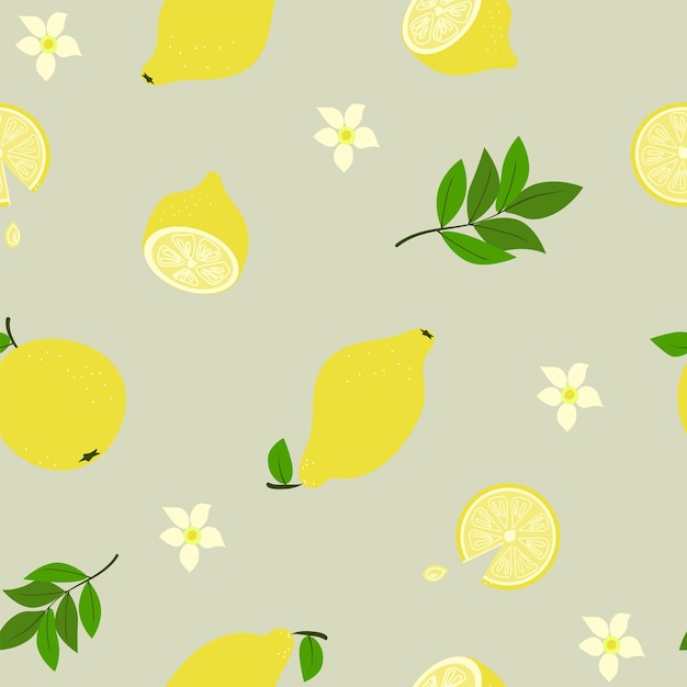 Vector pattern lemons leaves and flowers citruses fruit set seamless pattern wallpaper