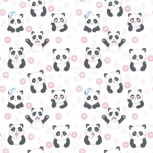 Vector vector pattern seamless panda bear pattern on light pink background panda with different gestures