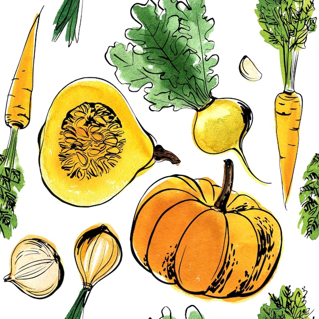 Vector vector pattern sketch of vegetables. color sketch of food. broccoli, lettuce, artichoke, herbs