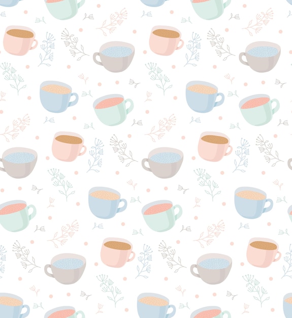 Vector pattern of tea and coffee mugs with plant elements flat illustration