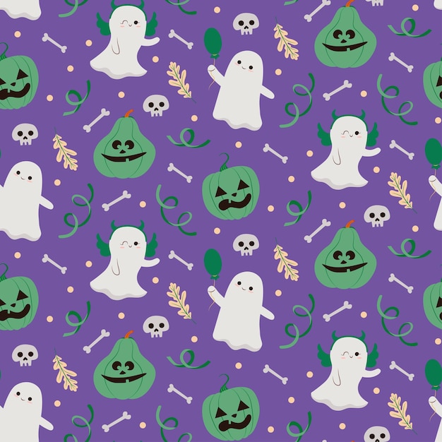 Vector pattern on the theme of Halloween Angry pumpkin with autumn leaves and ghosts