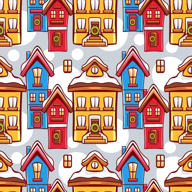 Vector pattern on the theme of winter and Christmas with snowcovered houses in a cute cartoon style