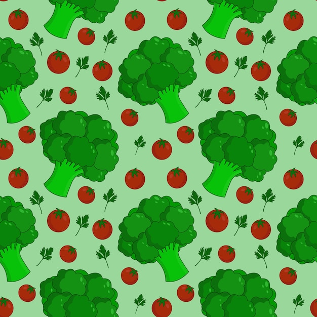 Vector pattern of tomatoes, broccoli, parsley. Illustration of food. For paper, cover, fabric