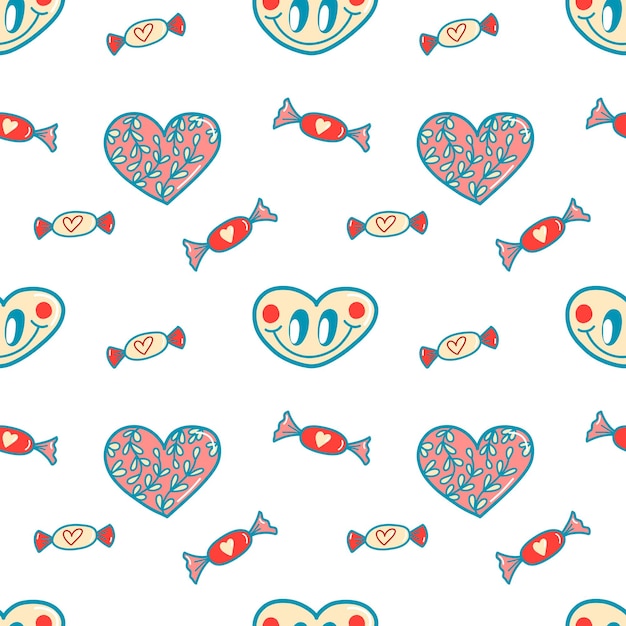 Vector pattern for valentines day heart with a smile candy love in the style of the 80s