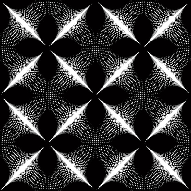 Modello vettoriale con linee grafiche nere, sfondo astratto caleidoscopio con ornamento sovrapposto. sfondo senza cuciture illusorio monocromatico, può essere utilizzato per la progettazione grafica.